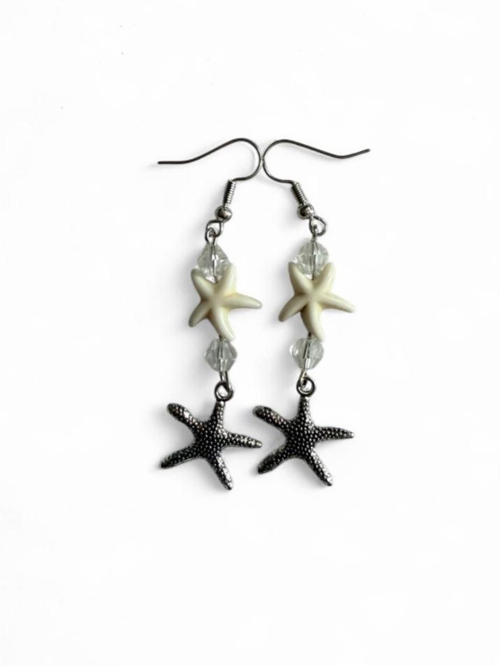 Handmade Ivory Starfish & Silver Charm Beaded Earrings Boho